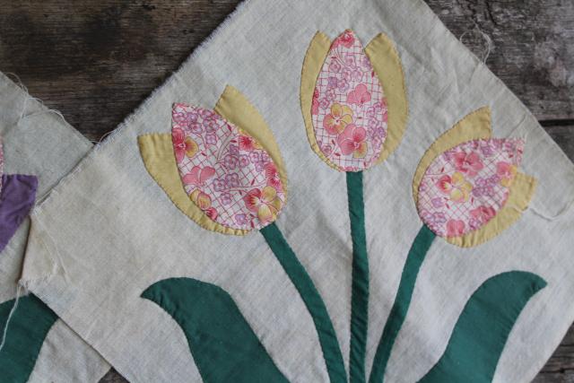 photo of 1940s 50s vintage hand stitched quilt blocks, tulip applique flower cotton prints #6