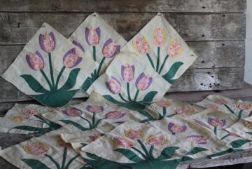 catalog photo of 1940s 50s vintage hand stitched quilt blocks, tulip applique flower cotton prints