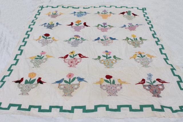 photo of 1940s 50s vintage hand-stitched applique album quilt top, birds & flowers #1