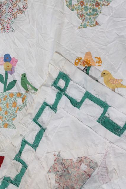 photo of 1940s 50s vintage hand-stitched applique album quilt top, birds & flowers #3