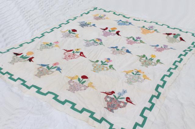 photo of 1940s 50s vintage hand-stitched applique album quilt top, birds & flowers #7