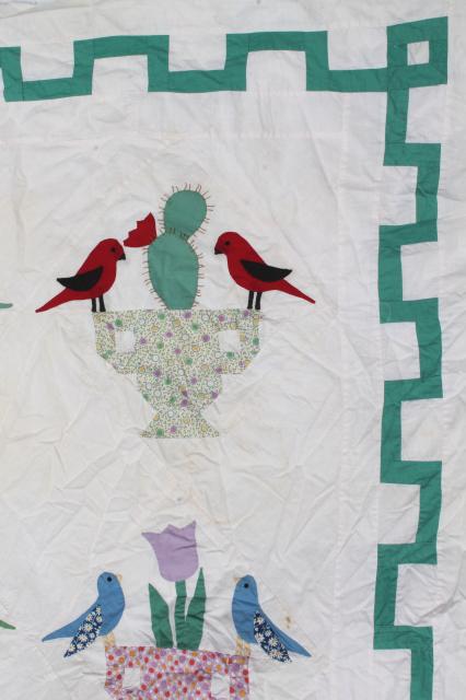 photo of 1940s 50s vintage hand-stitched applique album quilt top, birds & flowers #8