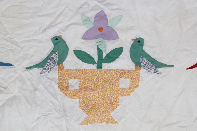 photo of 1940s 50s vintage hand-stitched applique album quilt top, birds & flowers #9