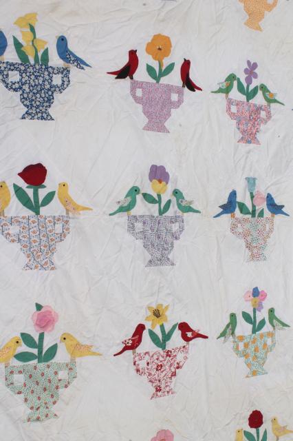 photo of 1940s 50s vintage hand-stitched applique album quilt top, birds & flowers #11