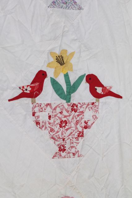 photo of 1940s 50s vintage hand-stitched applique album quilt top, birds & flowers #12