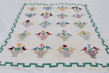 catalog photo of 1940s 50s vintage hand-stitched applique album quilt top, birds & flowers