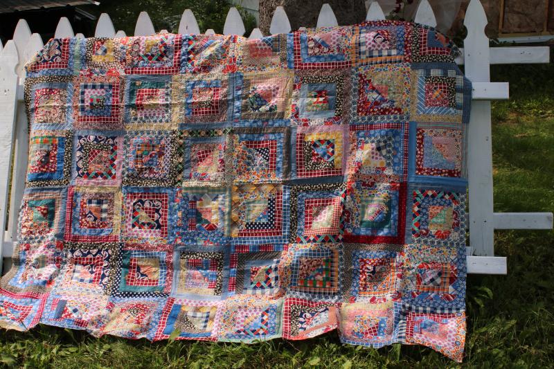 photo of 1940s 50s vintage log cabin patchwork quilt top, bright cotton prints fabric #1