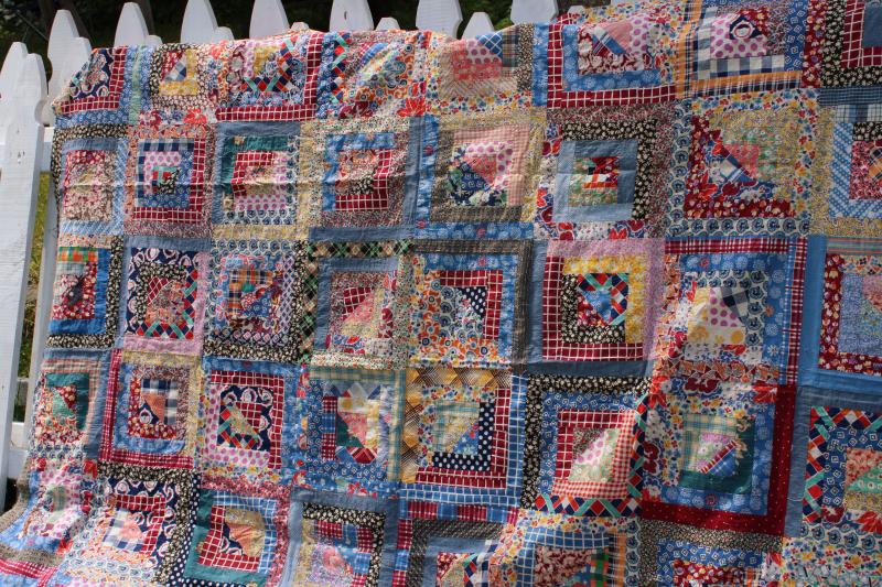 photo of 1940s 50s vintage log cabin patchwork quilt top, bright cotton prints fabric #2