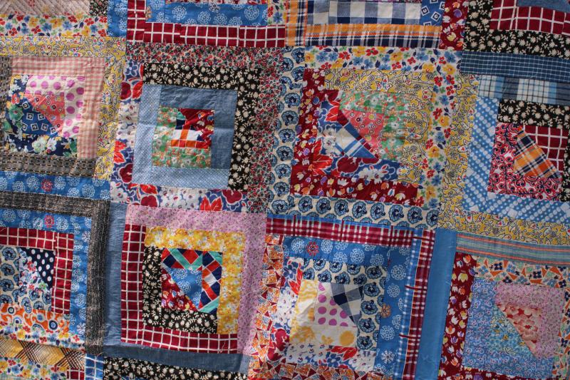 photo of 1940s 50s vintage log cabin patchwork quilt top, bright cotton prints fabric #3