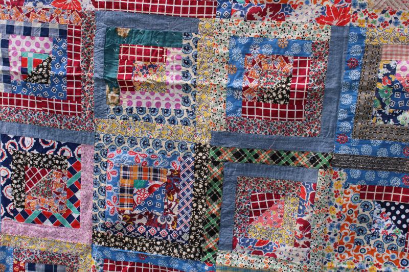 photo of 1940s 50s vintage log cabin patchwork quilt top, bright cotton prints fabric #4