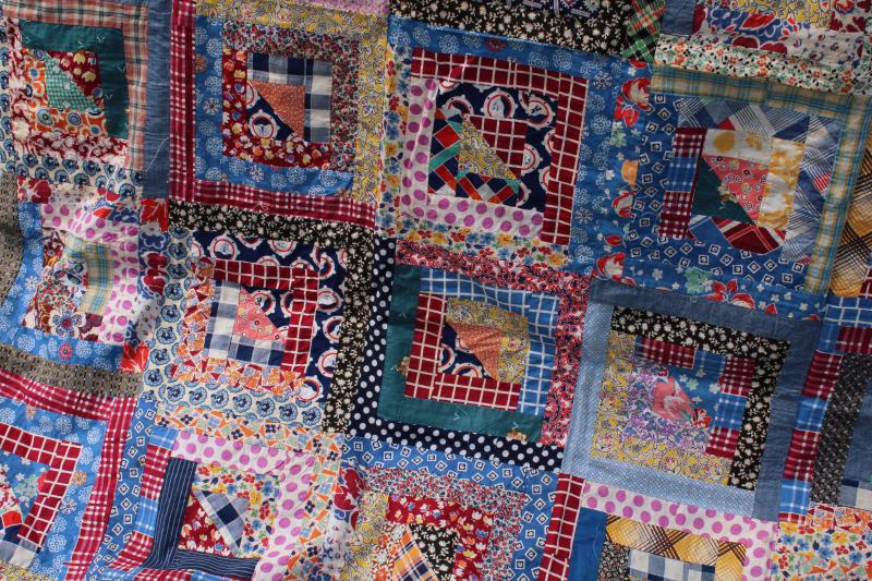 photo of 1940s 50s vintage log cabin patchwork quilt top, bright cotton prints fabric #5