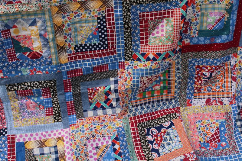 photo of 1940s 50s vintage log cabin patchwork quilt top, bright cotton prints fabric #6