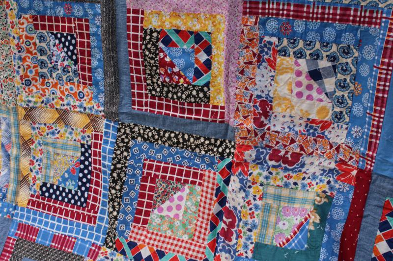 photo of 1940s 50s vintage log cabin patchwork quilt top, bright cotton prints fabric #7