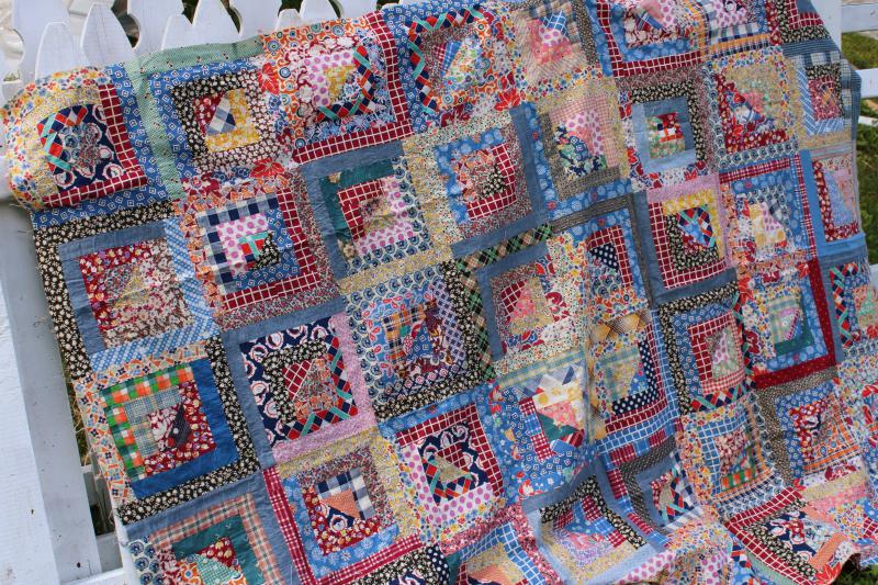 photo of 1940s 50s vintage log cabin patchwork quilt top, bright cotton prints fabric #9