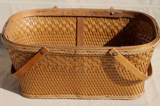 photo of 1940s 50s vintage market basket / picnic hamper with bentwood handles #5