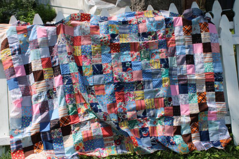 photo of 1940s 50s vintage patchwork blocks quilt top, bright cotton prints fabric #1