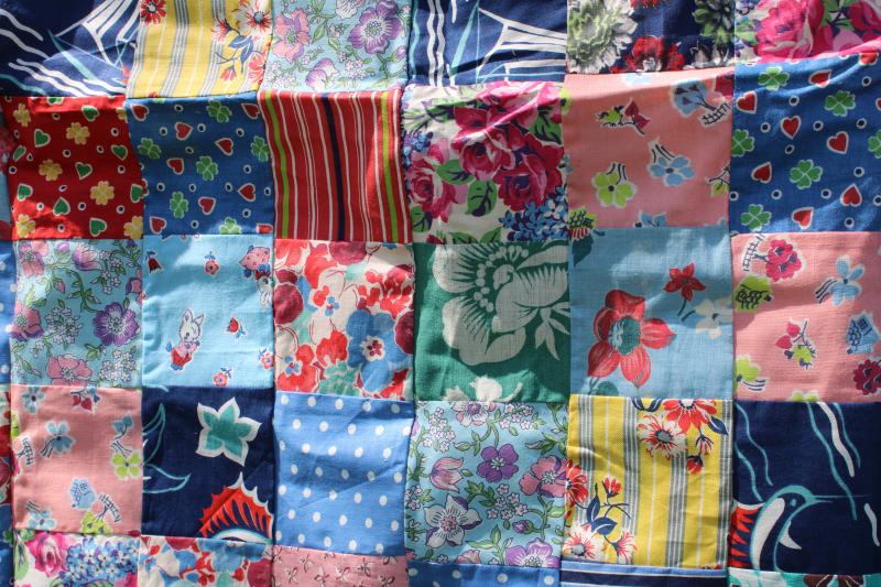 photo of 1940s 50s vintage patchwork blocks quilt top, bright cotton prints fabric #2