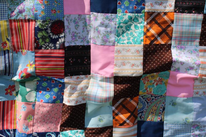 photo of 1940s 50s vintage patchwork blocks quilt top, bright cotton prints fabric #4