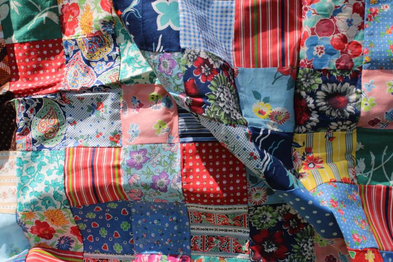 photo of 1940s 50s vintage patchwork blocks quilt top, bright cotton prints fabric #5