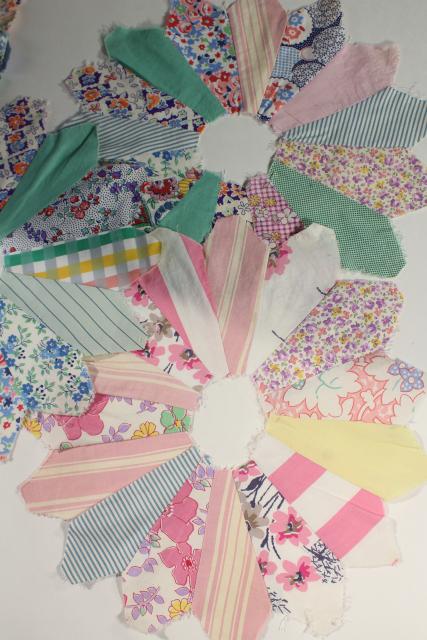 photo of 1940s 50s vintage pieced patchwork quilt blocks, dresden plate flowers all cotton print fabrics #5