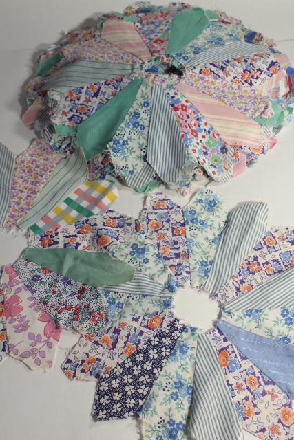 photo of 1940s 50s vintage pieced patchwork quilt blocks, dresden plate flowers all cotton print fabrics #7