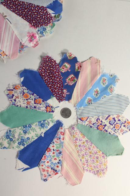 photo of 1940s 50s vintage pieced patchwork quilt blocks, dresden plate flowers all cotton print fabrics #10