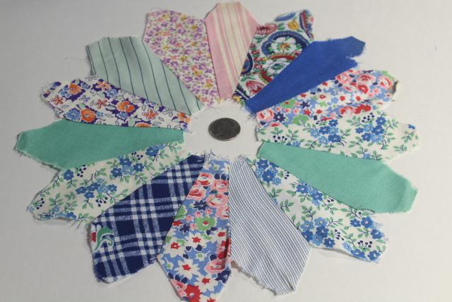 photo of 1940s 50s vintage pieced patchwork quilt blocks, dresden plate flowers all cotton print fabrics #13