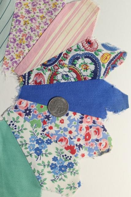 photo of 1940s 50s vintage pieced patchwork quilt blocks, dresden plate flowers all cotton print fabrics #14