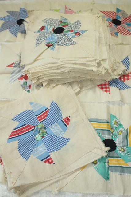 photo of 1940s 50s vintage pieced patchwork quilt blocks, pinwheel windmill cotton print fabrics #1