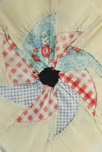 photo of 1940s 50s vintage pieced patchwork quilt blocks, pinwheel windmill cotton print fabrics #2