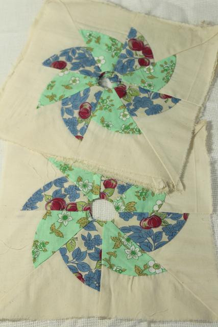 photo of 1940s 50s vintage pieced patchwork quilt blocks, pinwheel windmill cotton print fabrics #3