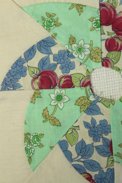 photo of 1940s 50s vintage pieced patchwork quilt blocks, pinwheel windmill cotton print fabrics #4