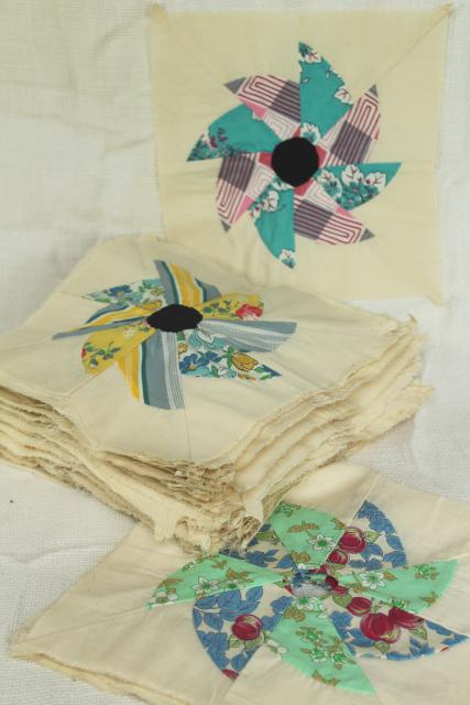 photo of 1940s 50s vintage pieced patchwork quilt blocks, pinwheel windmill cotton print fabrics #5