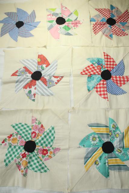 photo of 1940s 50s vintage pieced patchwork quilt blocks, pinwheel windmill cotton print fabrics #6