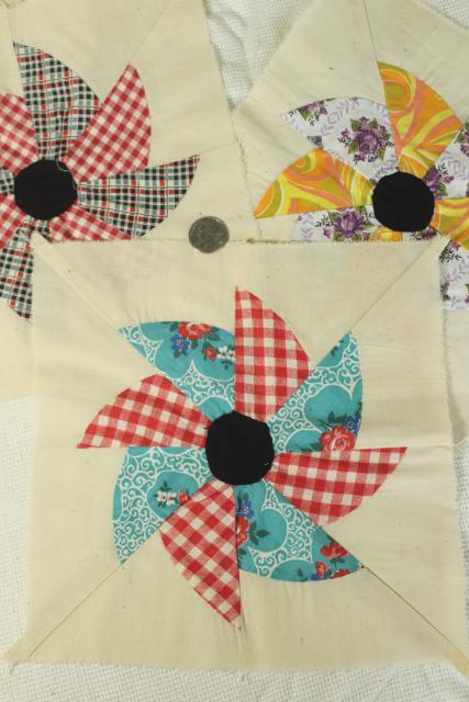 photo of 1940s 50s vintage pieced patchwork quilt blocks, pinwheel windmill cotton print fabrics #7