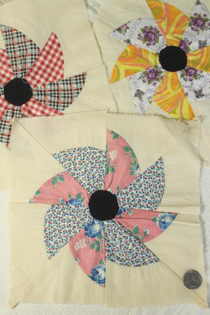 photo of 1940s 50s vintage pieced patchwork quilt blocks, pinwheel windmill cotton print fabrics #8