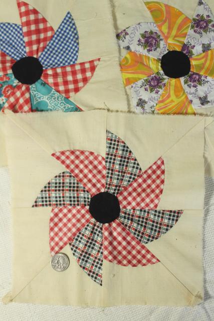 photo of 1940s 50s vintage pieced patchwork quilt blocks, pinwheel windmill cotton print fabrics #10