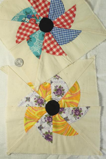 photo of 1940s 50s vintage pieced patchwork quilt blocks, pinwheel windmill cotton print fabrics #12