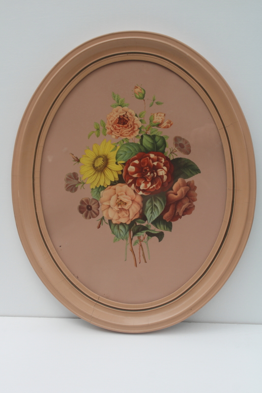 photo of 1940s 50s vintage pink floral botanical print, large oval frame granny shabby chic  #1