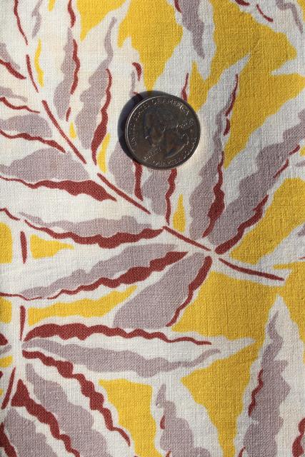 photo of 1940s 50s vintage printed cotton feed sack fabric, ferns or palms on yellow #1