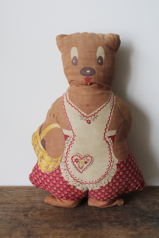 photo of 1940s 50s vintage printed cotton stuffed toy, mama bear w/ apron & market basket purse  #1