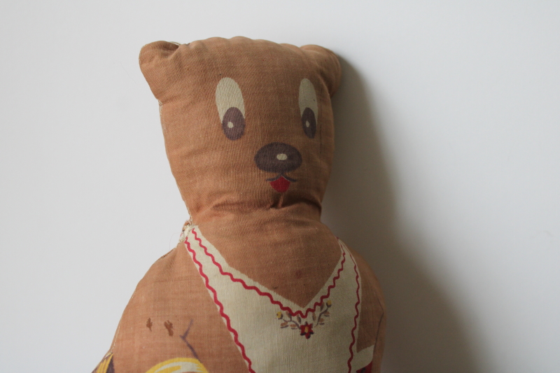 photo of 1940s 50s vintage printed cotton stuffed toy, mama bear w/ apron & market basket purse #2