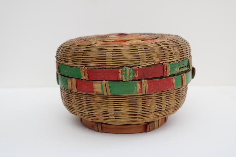 photo of 1940s 50s vintage round bamboo basket, child's size sewing box tiny work basket #1