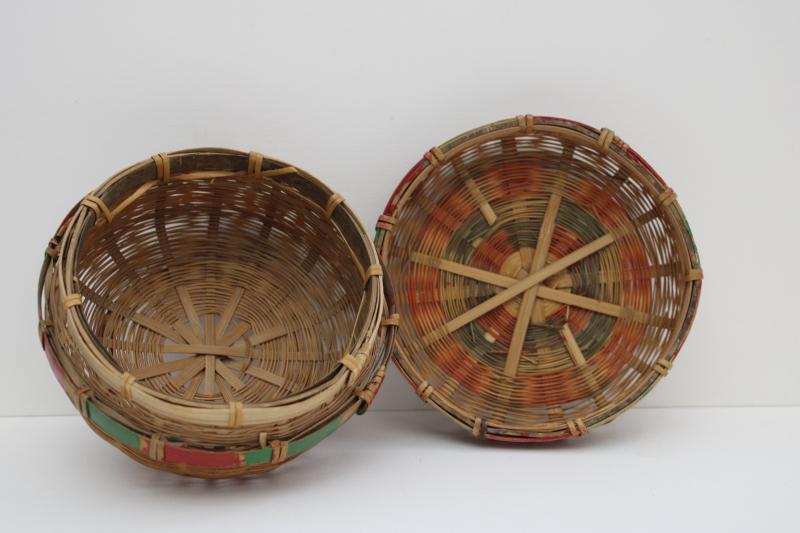 photo of 1940s 50s vintage round bamboo basket, child's size sewing box tiny work basket #2