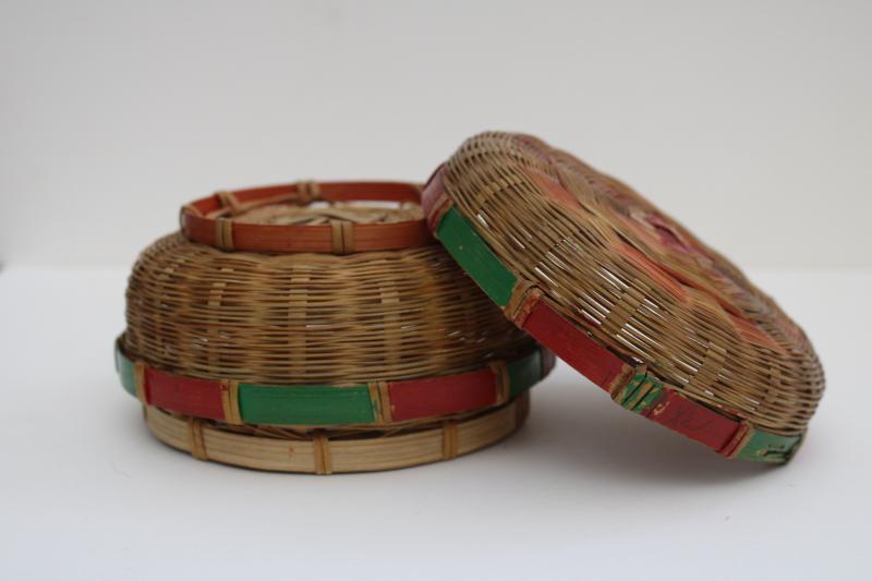 photo of 1940s 50s vintage round bamboo basket, child's size sewing box tiny work basket #3