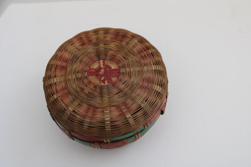 photo of 1940s 50s vintage round bamboo basket, child's size sewing box tiny work basket #6