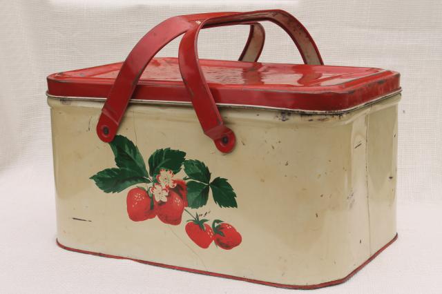 photo of 1940s 50s vintage tin picnic basket, red strawberry print hamper w/ handles  #1