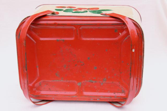 photo of 1940s 50s vintage tin picnic basket, red strawberry print hamper w/ handles  #2