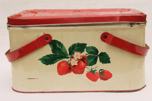 photo of 1940s 50s vintage tin picnic basket, red strawberry print hamper w/ handles  #3