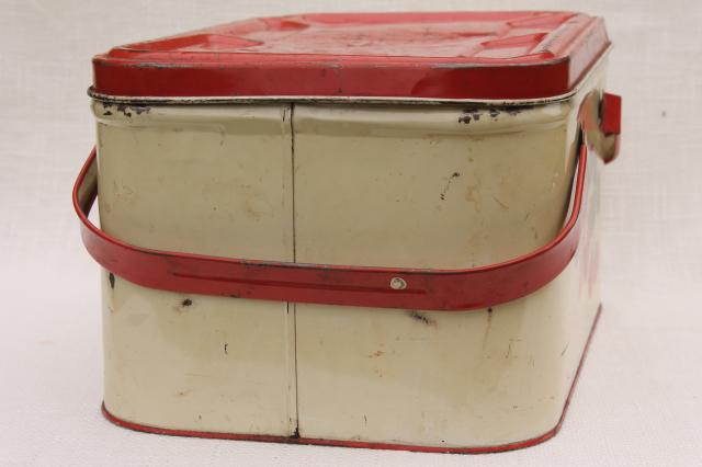 photo of 1940s 50s vintage tin picnic basket, red strawberry print hamper w/ handles  #5